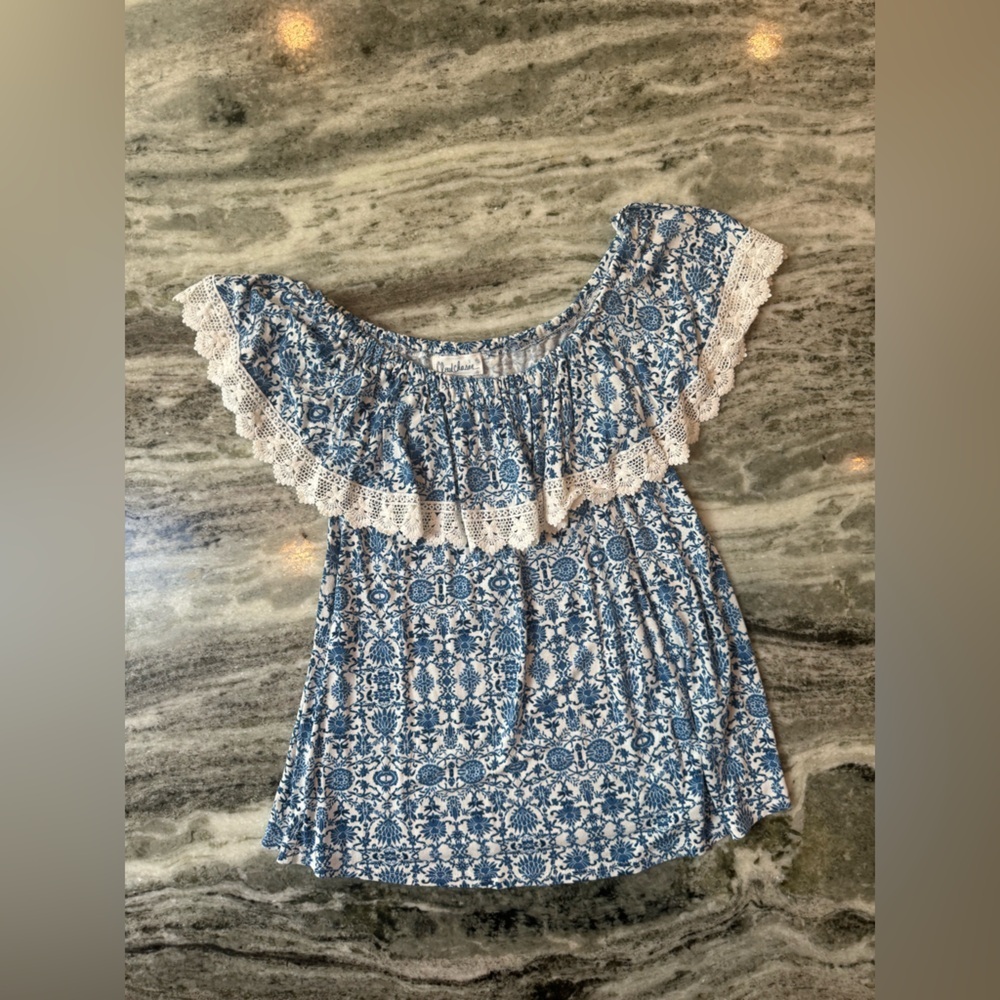 Floral Blue Off The Shoulder Top Girls Large (10/12)